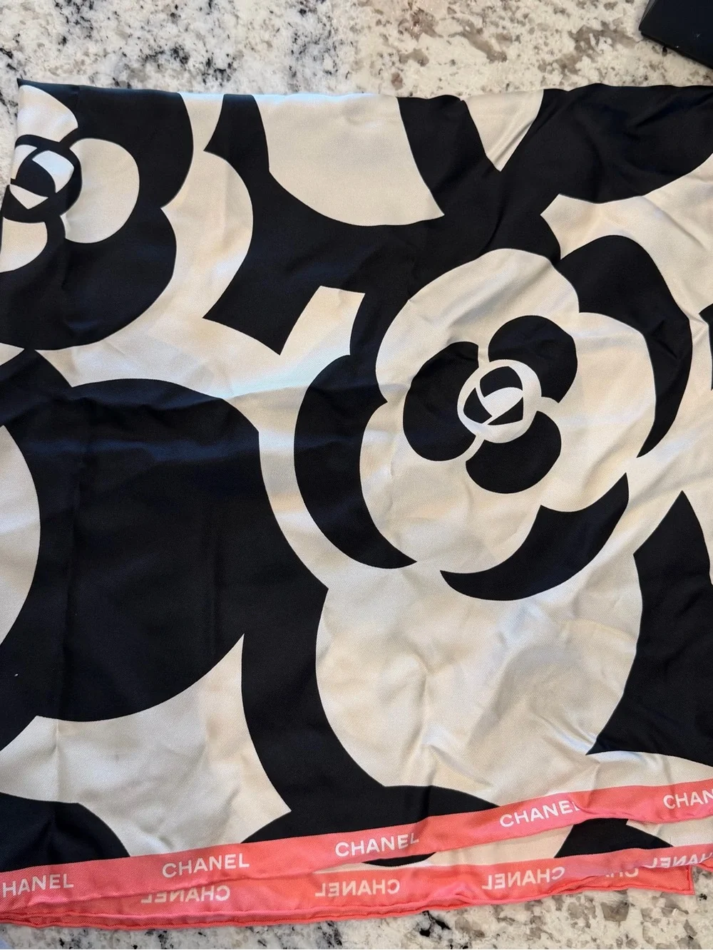 CHANEL Black, Cream & Coral Logo Scarf